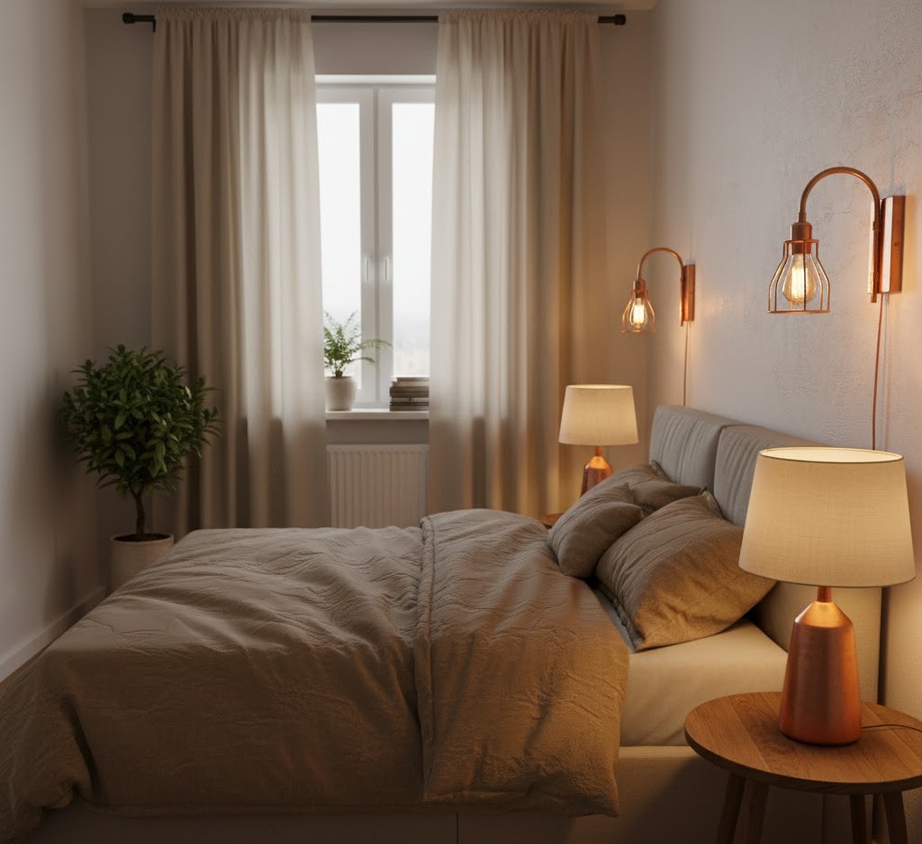 Compact bedroom with wall lights and table lamps