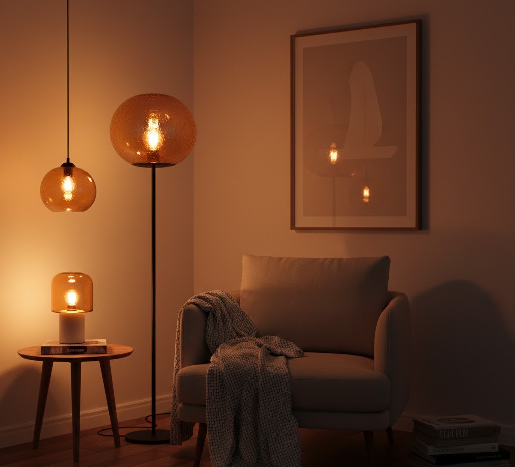 Small living room with multiple light fixtures