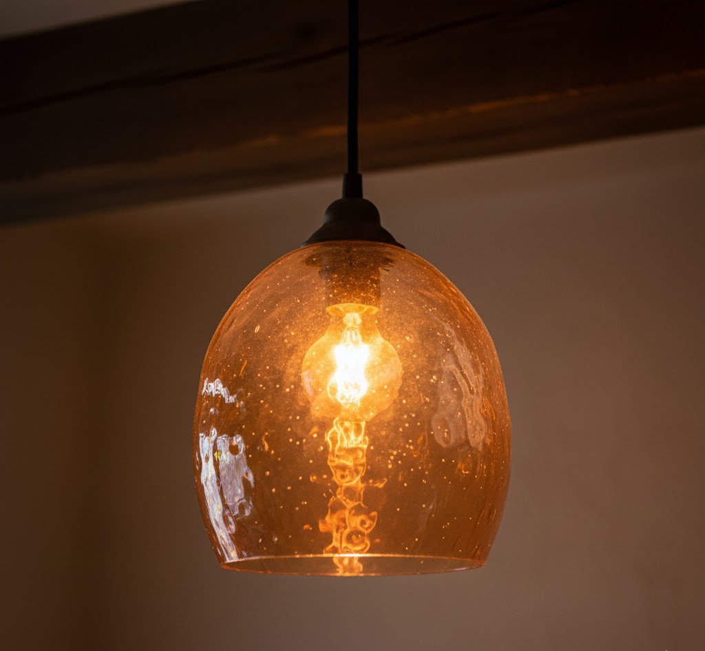 Handcrafted glass pendant light glowing warmly